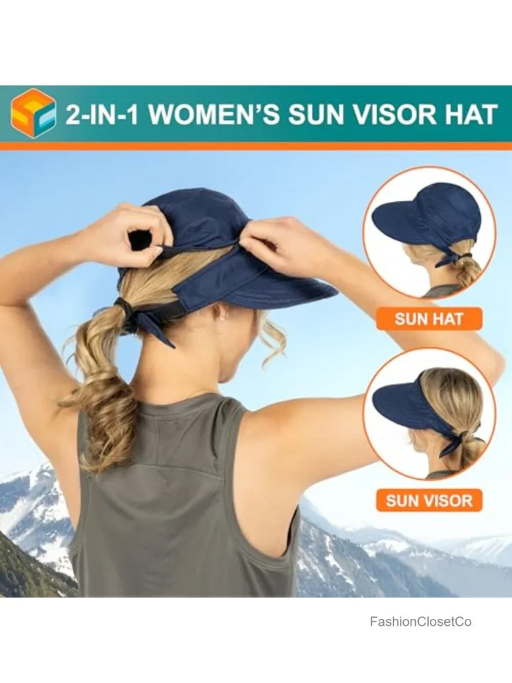 Wide Brim Sun Hat UPF 50+ Zip-Off Ponytail Beach Visor Foldable Travel